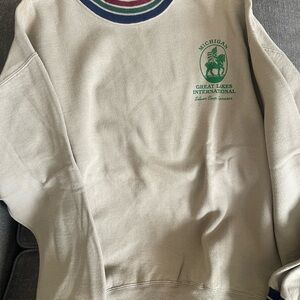 Jerzees Cream Crewneck Sweater with Green Accent